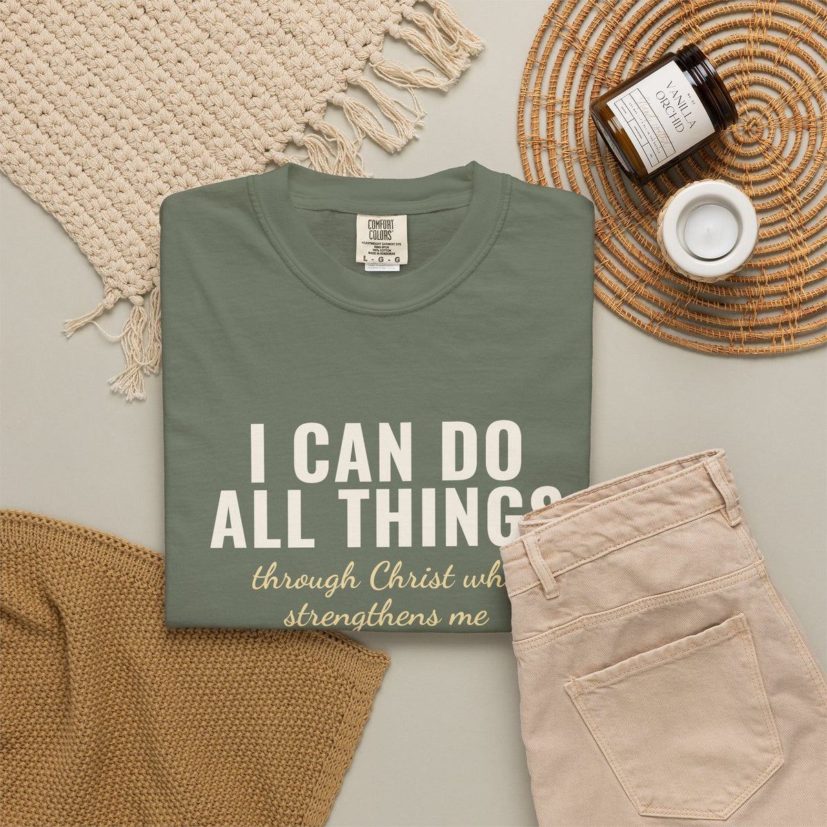 I Can Do All Things Philippians 4:13 Christian tee in moss, folded flat lay