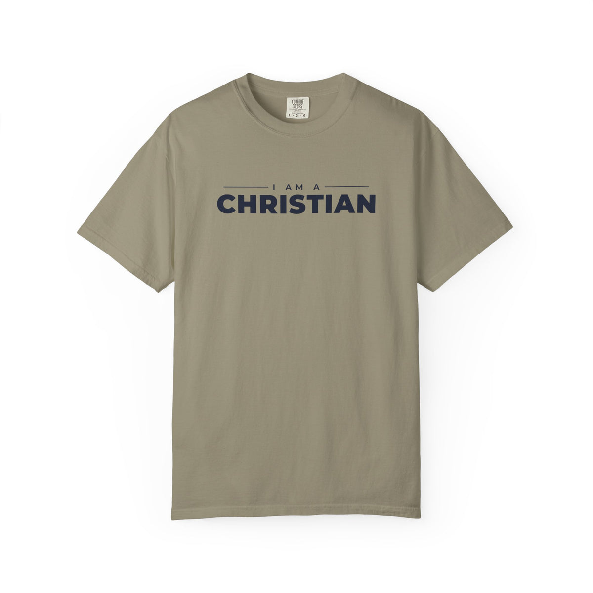 I Am a Christian Christian tee in sandstone, front mockup