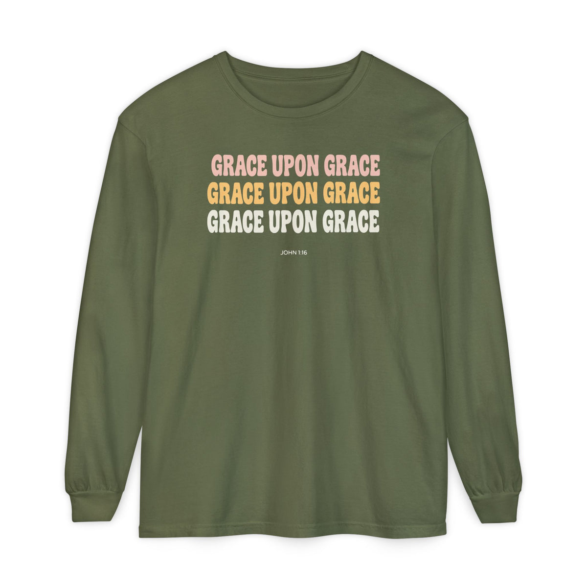 Grace Upon Grace John 1:16 long sleeve tee in hemp, front mockup