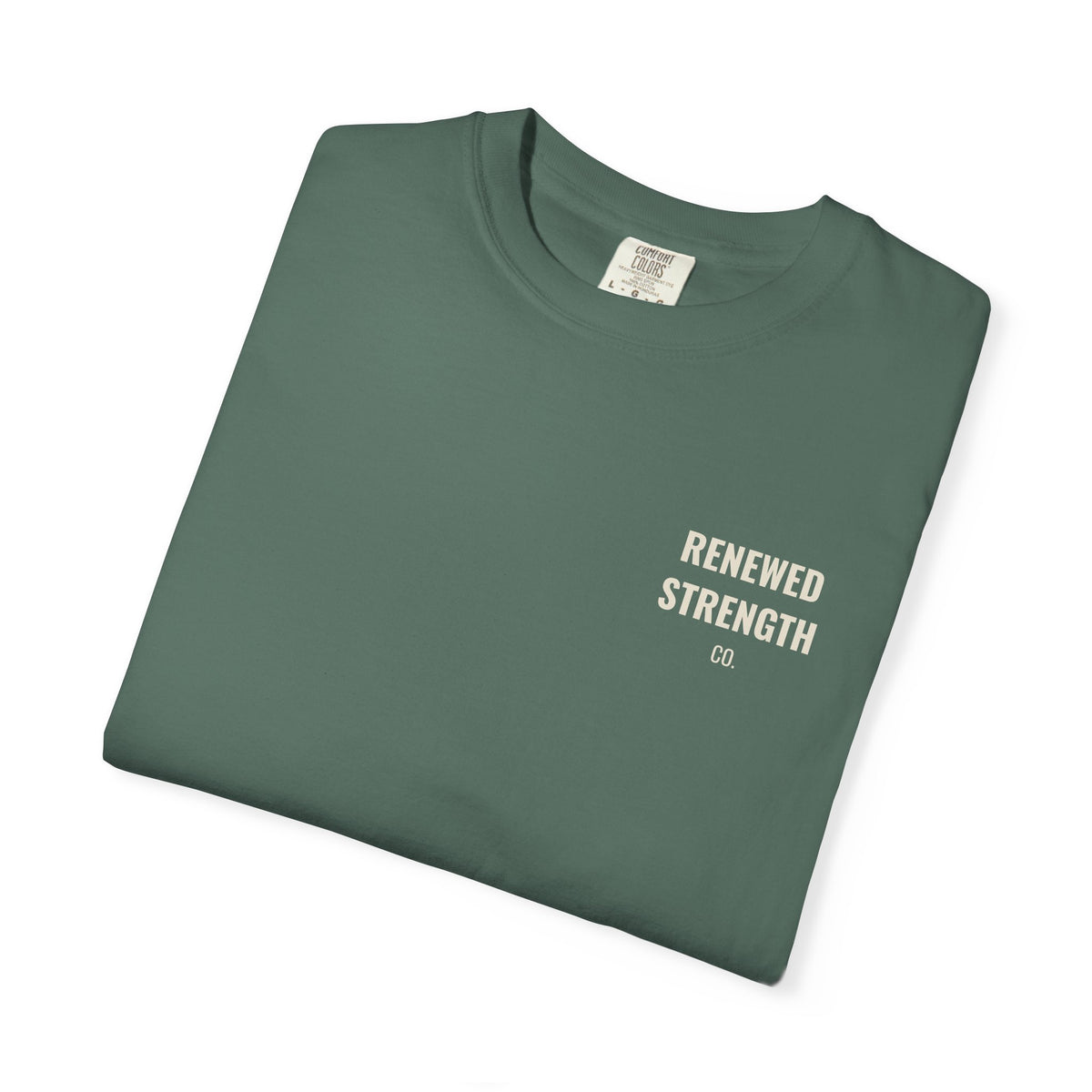 Nothing Can Separate Us Romans 8:38-39 tee in Blue Spruce, folded mockup