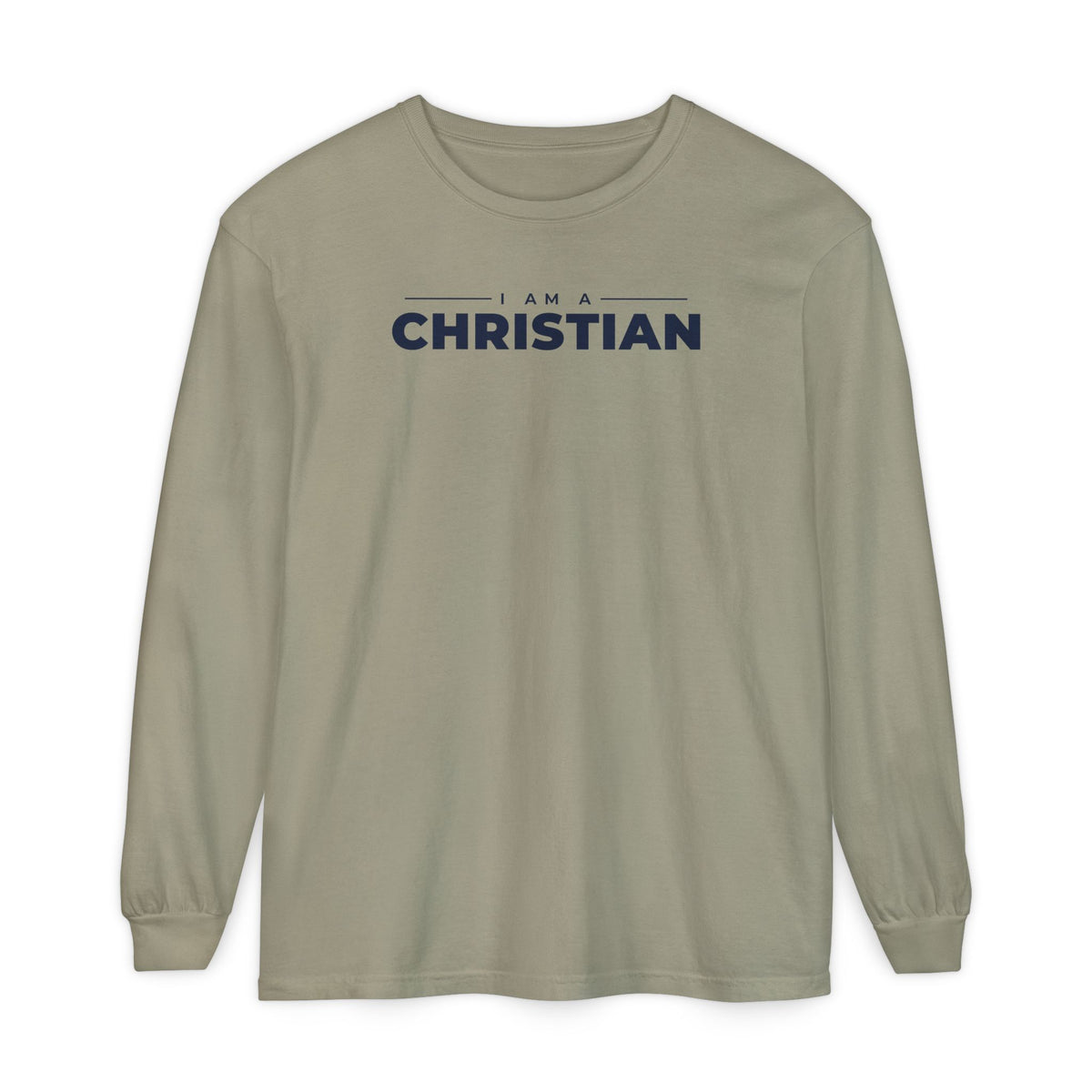 I Am a Christian Christian long sleeve tee in sandstone, front mockup
