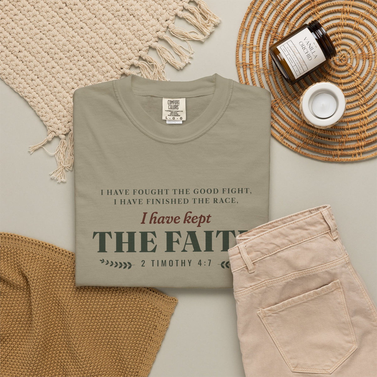 Kept the Faith 2 Timothy 4:7 tee in Sandstone, front, flat lay styled