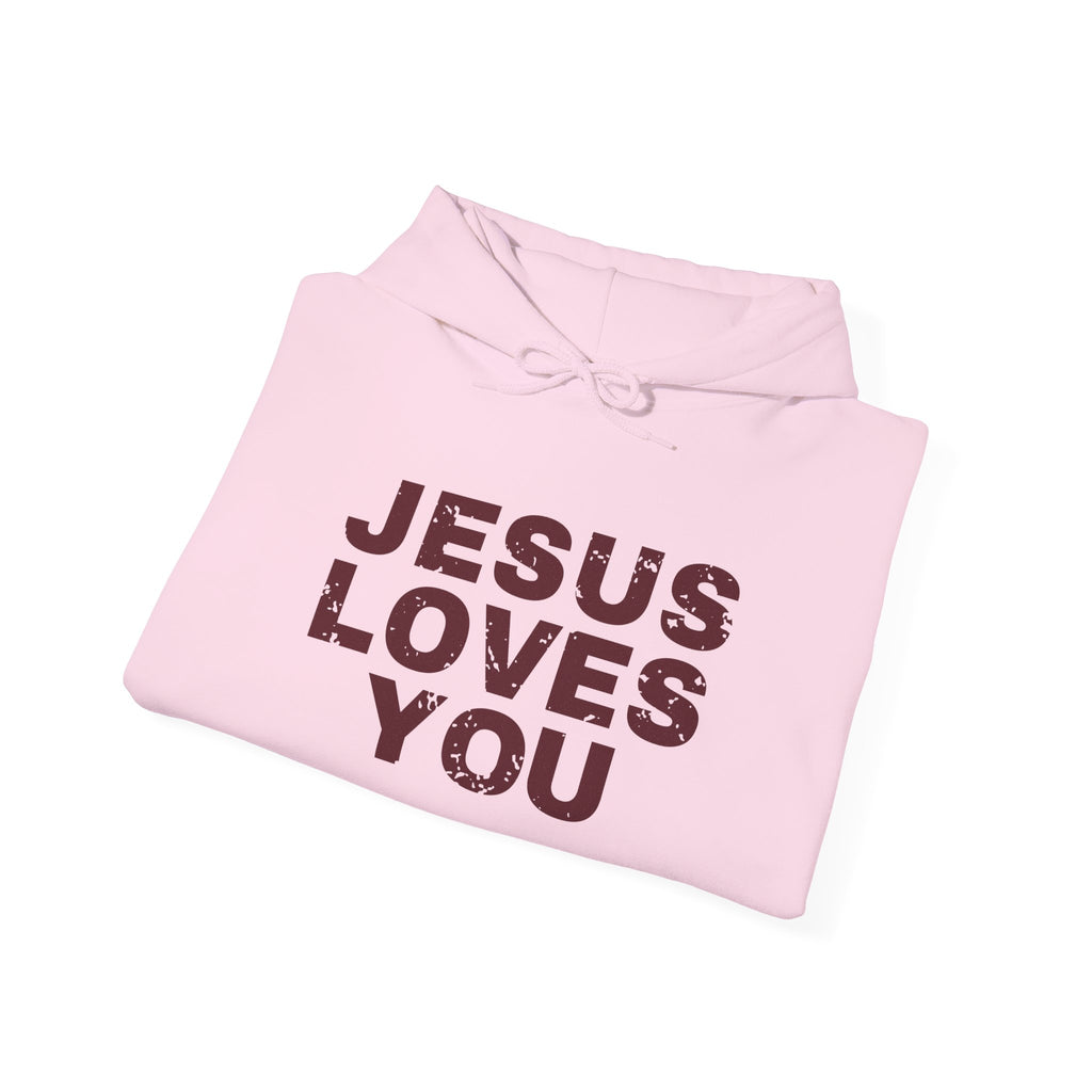 Jesus Loves You Christian hoodie in light pink, folded mockup
