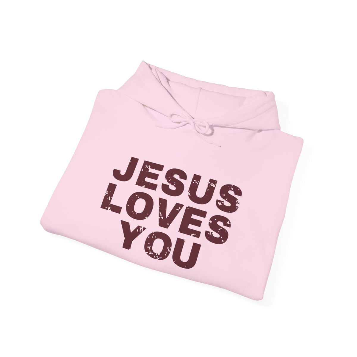 Jesus Loves You Christian hoodie in light pink, folded mockup