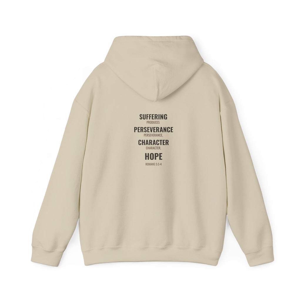 Suffering Produces Hope Romans 5:3-4 hoodie in sand, back (Romans 5:3-4 back print) mockup
