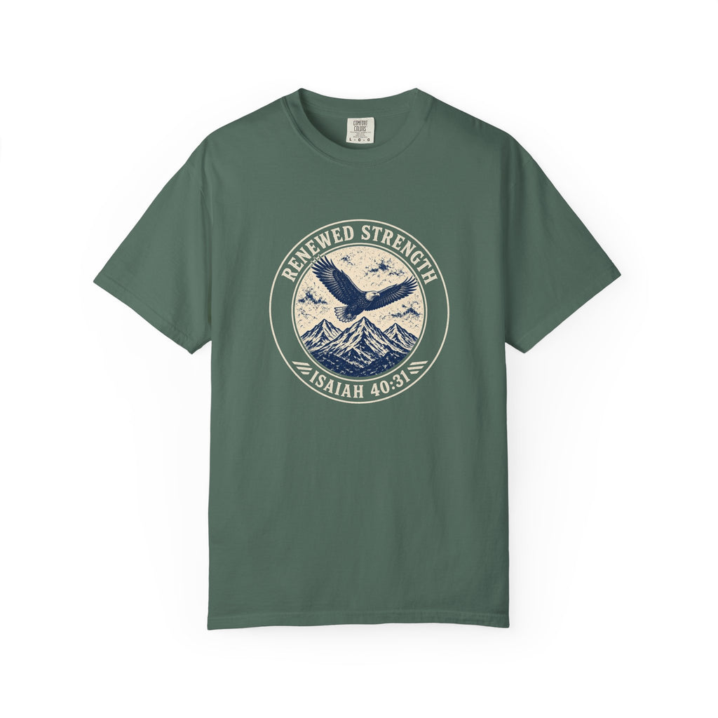 Renew Your Strength Isaiah 40:31 tee in blue spruce, front mockup