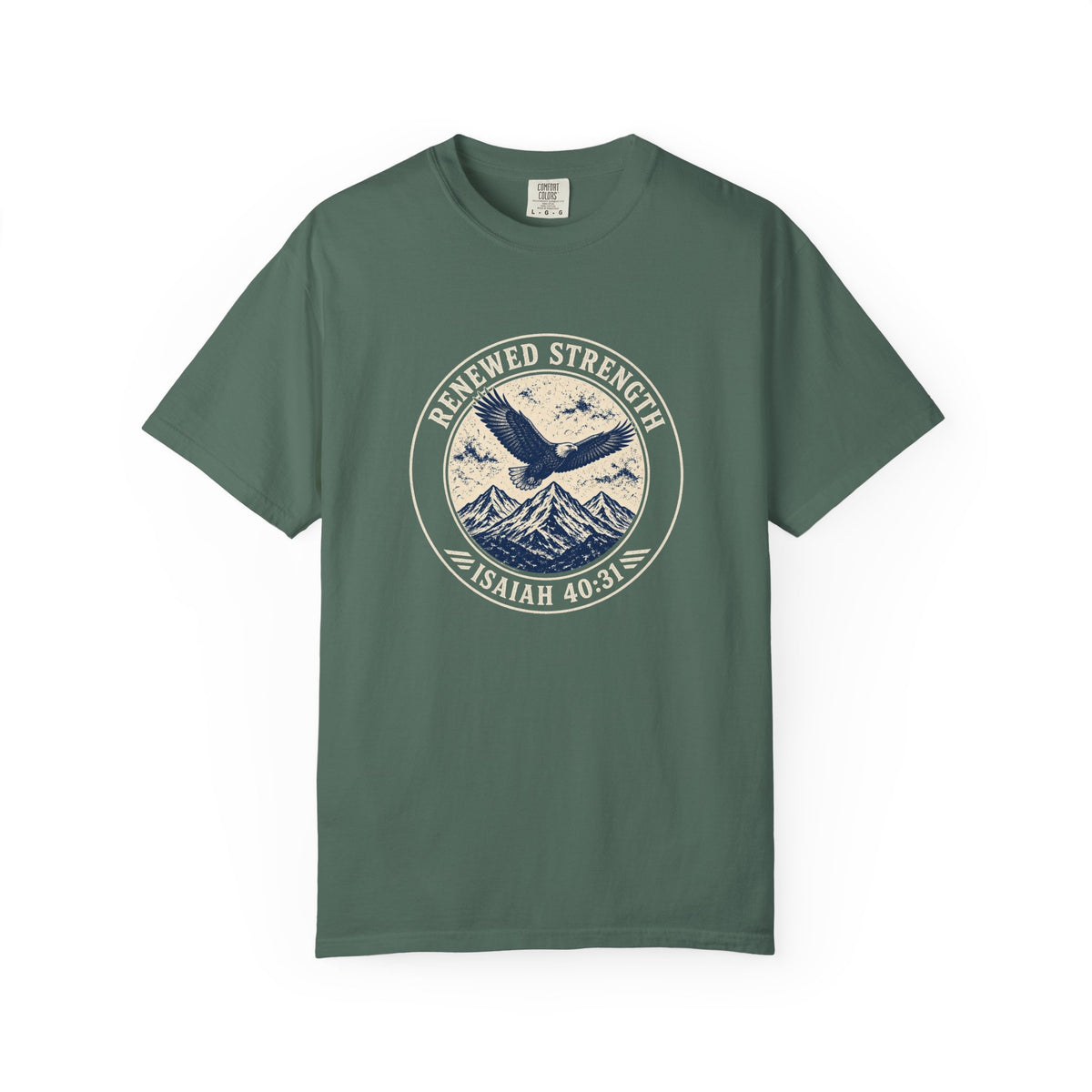 Renew Your Strength Isaiah 40:31 tee in blue spruce, front mockup