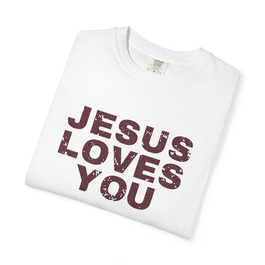 Jesus Loves You Christian tee in white, folded mockup