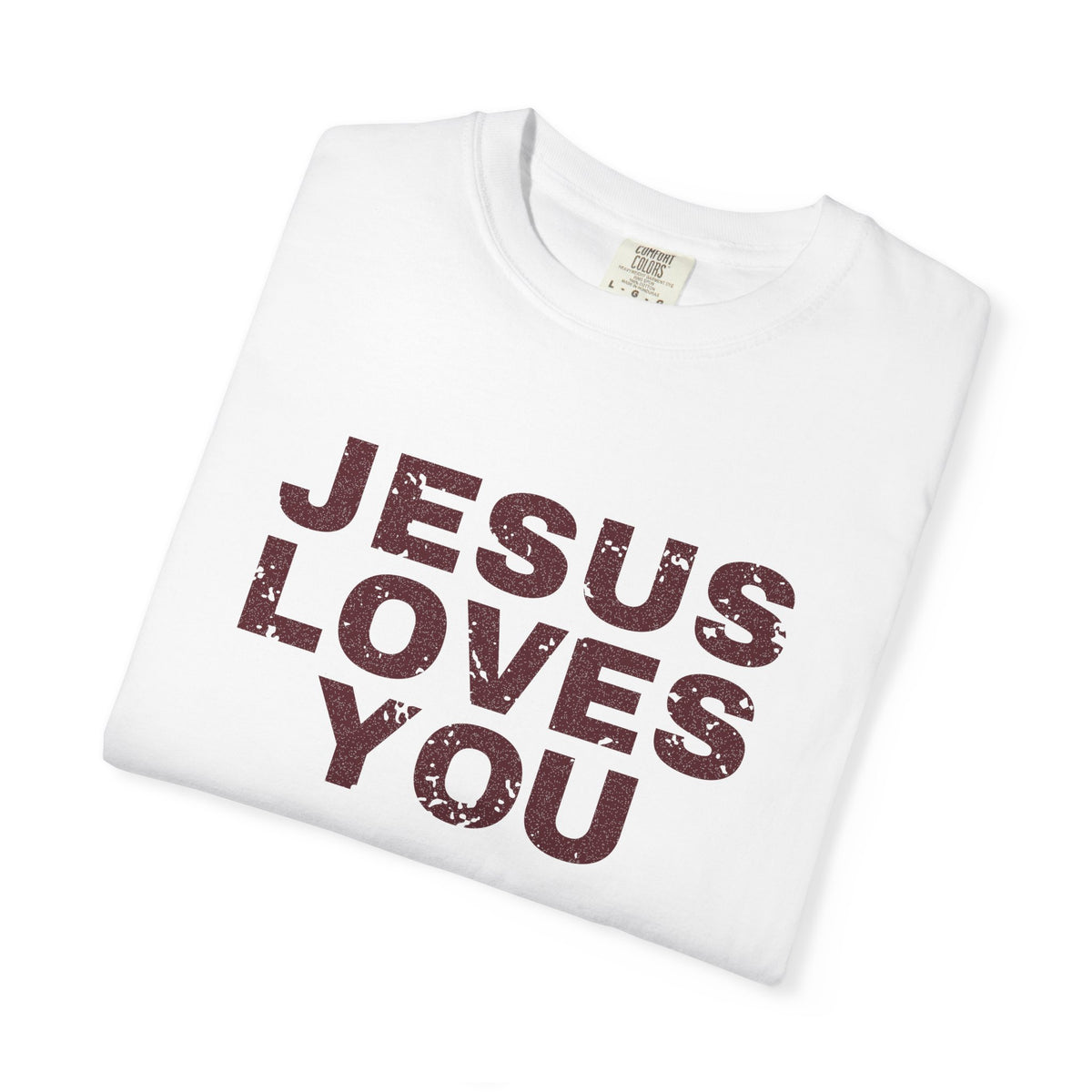 Jesus Loves You Christian tee in white, folded mockup