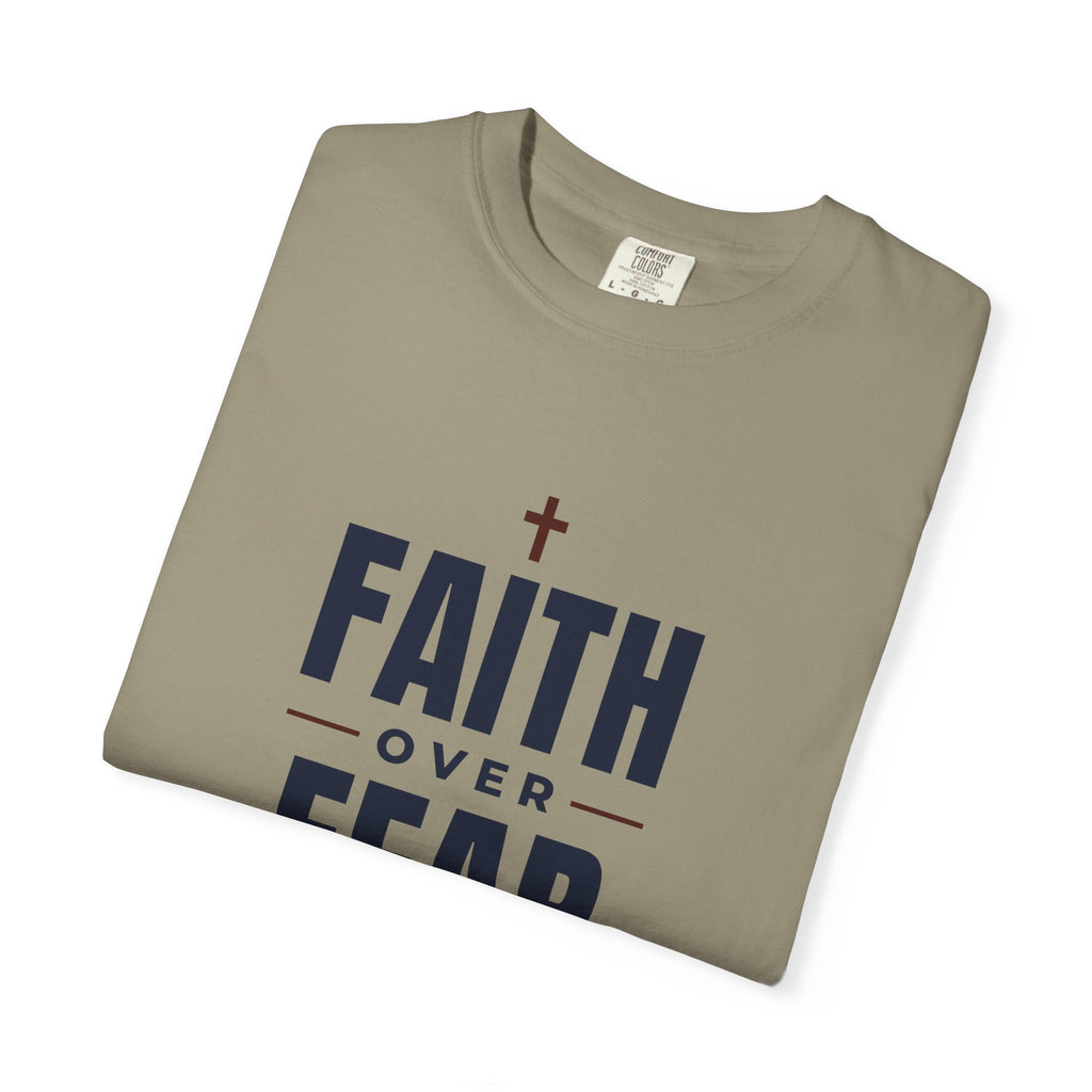 Faith Over Fear Christian tee in sandstone, folded mockup