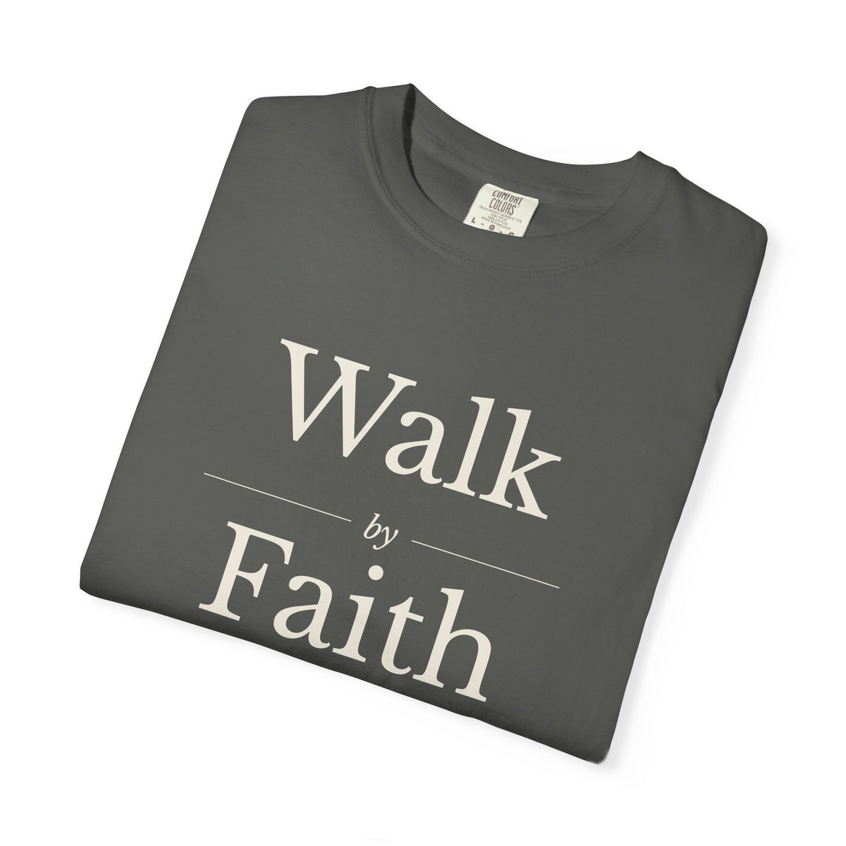 Walk by Faith 2 Corinthians 5:7 tee in pepper, folded mockup