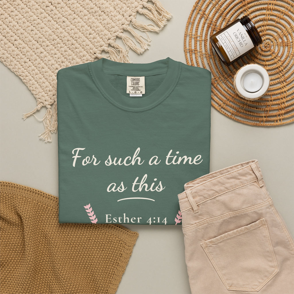 For Such a Time as This Esther 4:14 tee in blue spruce, folded flat lay mockup