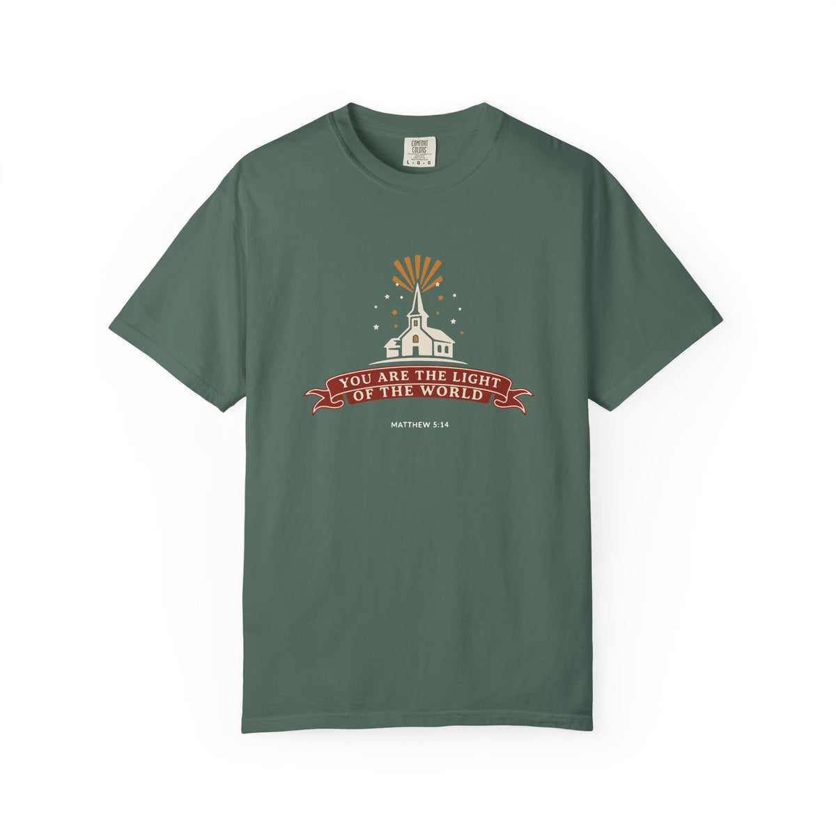 City on a Hill Matthew 5:14 tee in blue spruce, front mockup