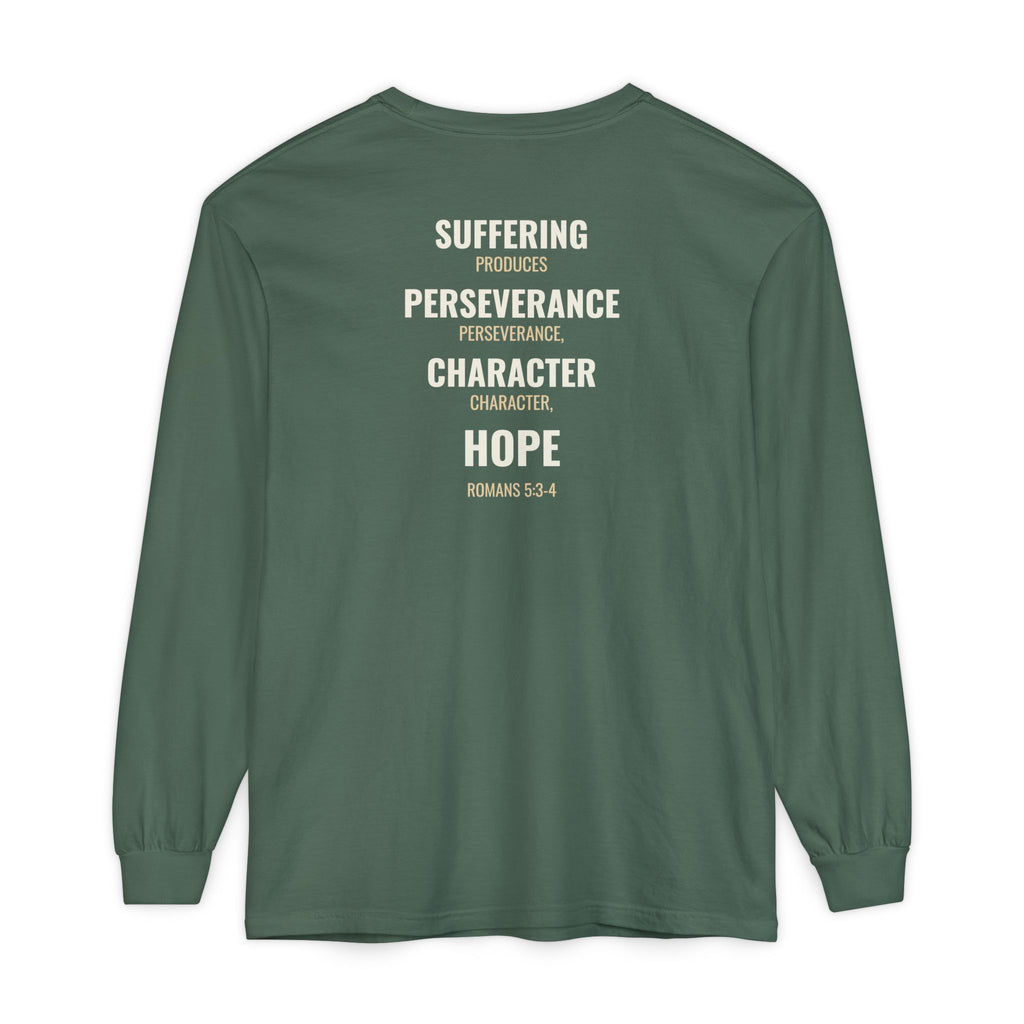 Suffering Produces Hope Romans 5:3-4 long sleeve tee in blue spruce, back (Romans 5:3-4 back print) mockup