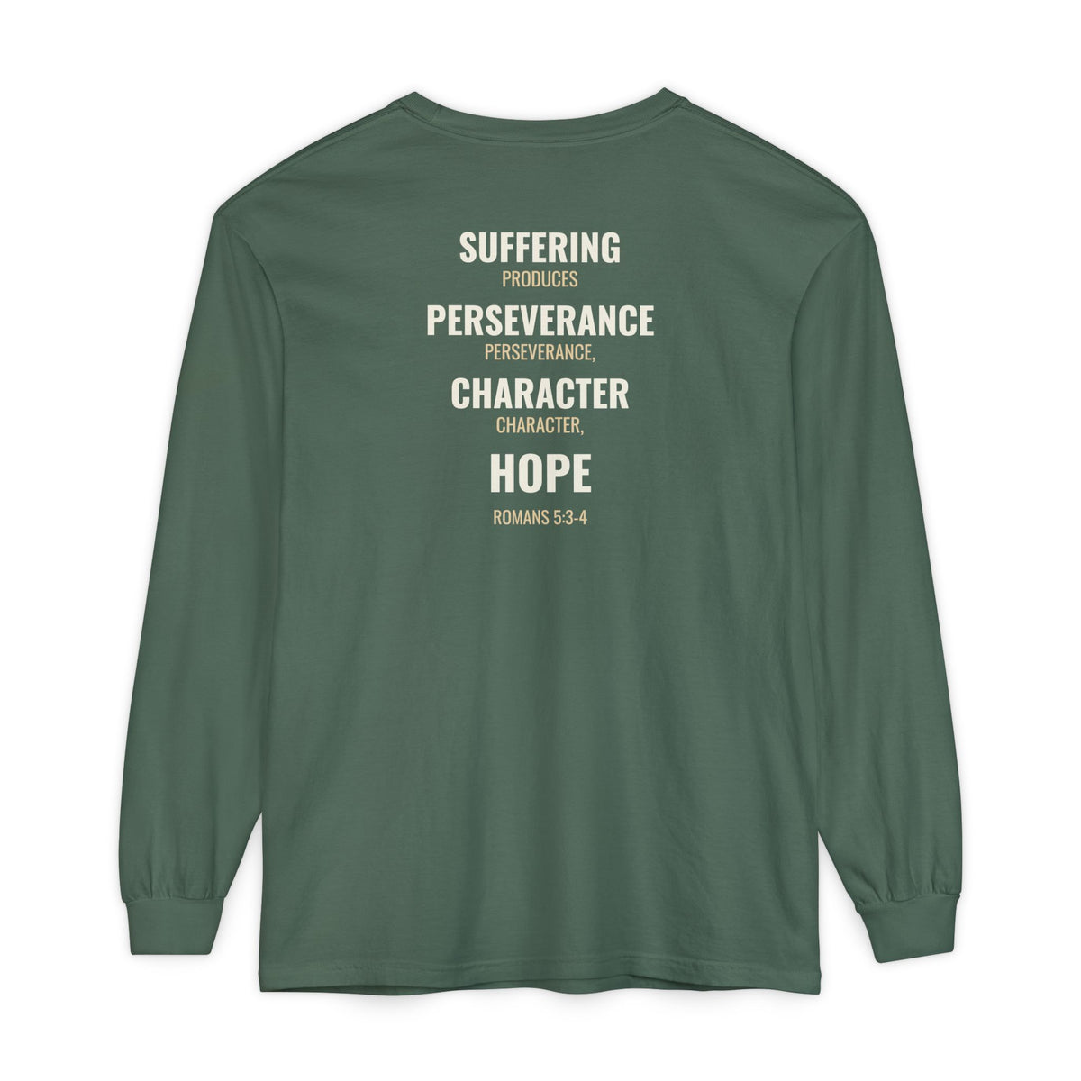 Suffering Produces Hope Romans 5:3-4 long sleeve tee in blue spruce, back (Romans 5:3-4 back print) mockup