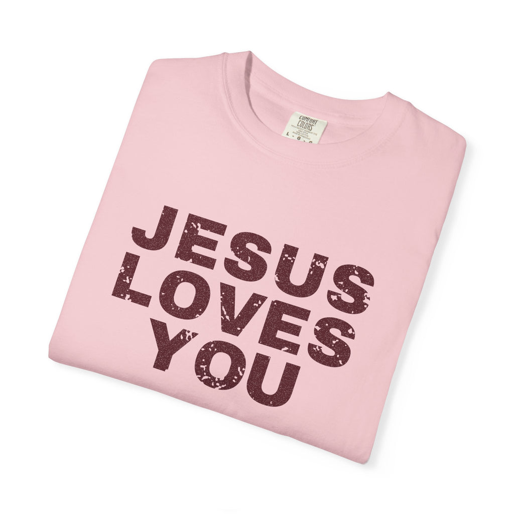 Jesus Loves You Christian tee in blossom, folded mockup