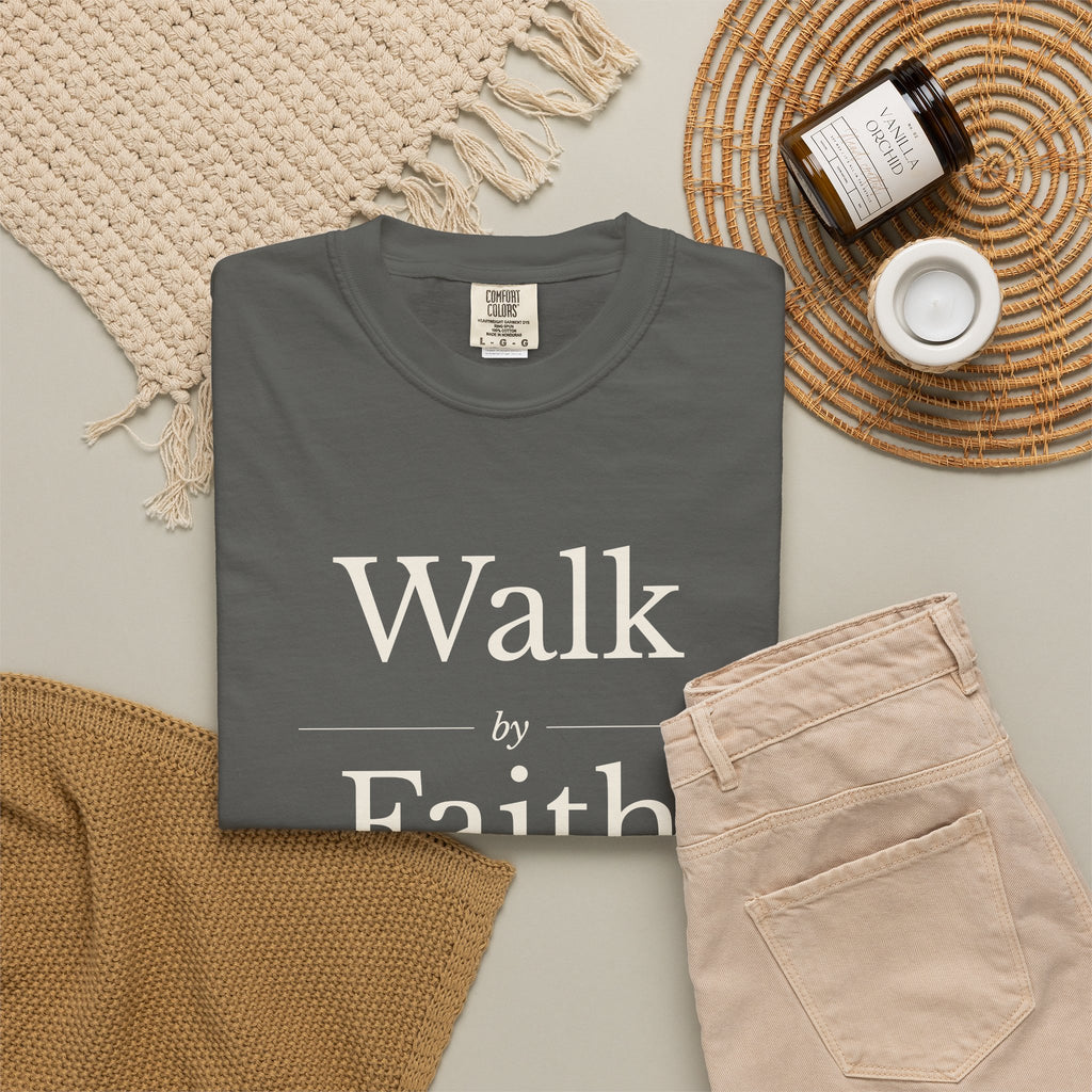 Walk by Faith 2 Corinthians 5:7 tee in pepper, folded flat lay mockup