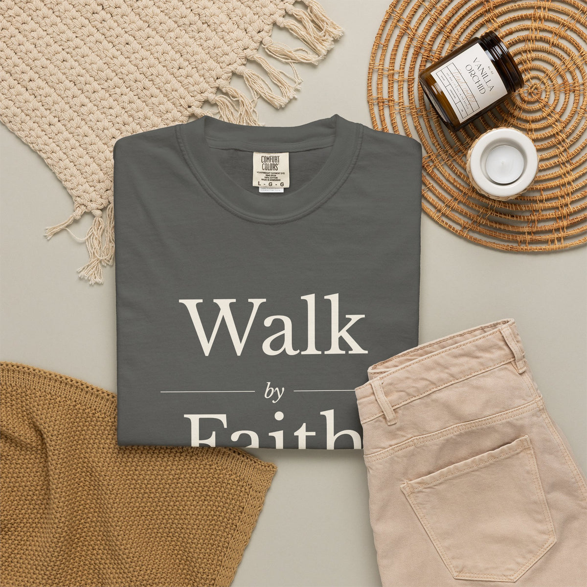 Walk by Faith 2 Corinthians 5:7 tee in pepper, folded flat lay mockup