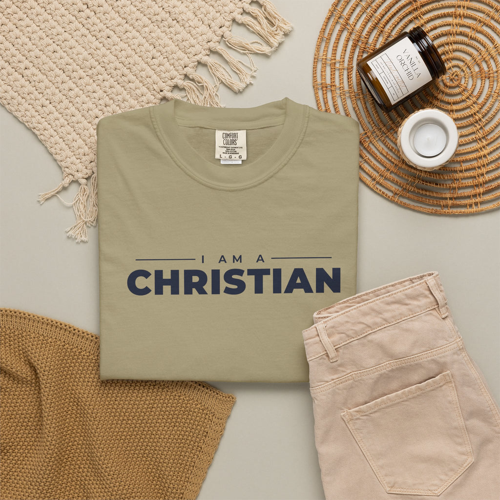 I Am a Christian Christian tee in khaki, folded flat lay
