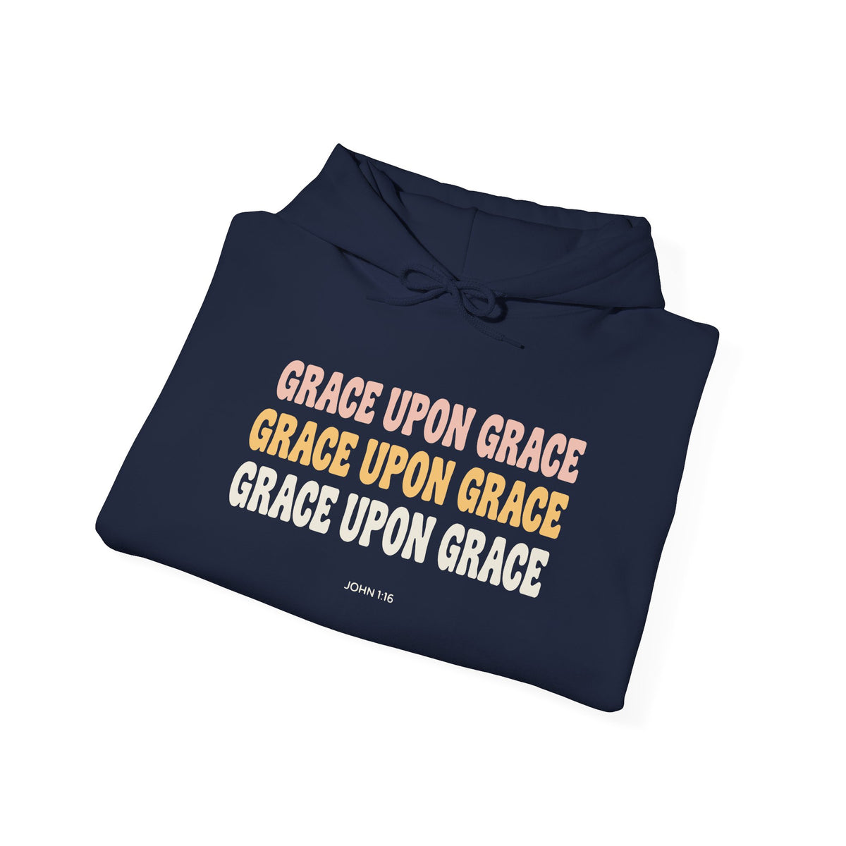 Grace Upon Grace John 1:16 hoodie in navy, folded mockup