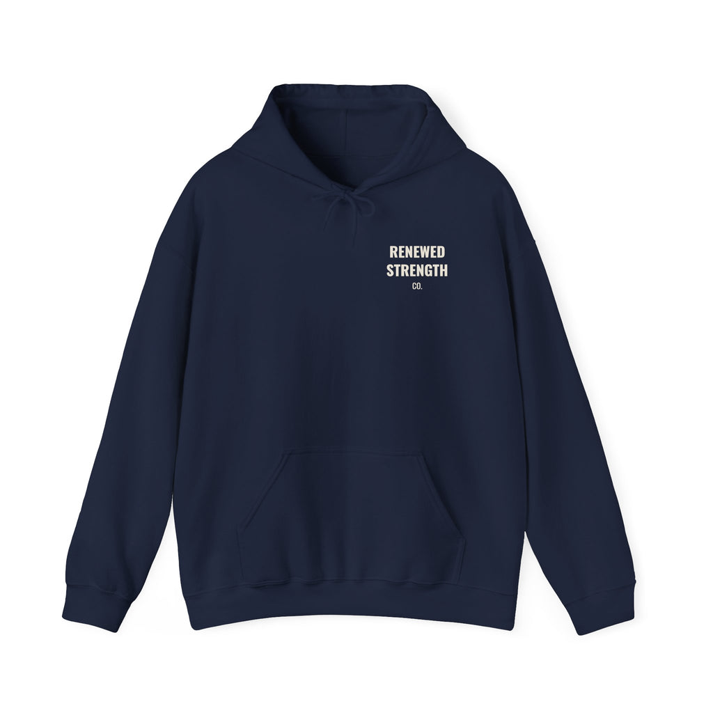 Suffering Produces Hope Romans 5:3-4 hoodie in navy, front (left-chest logo) mockup