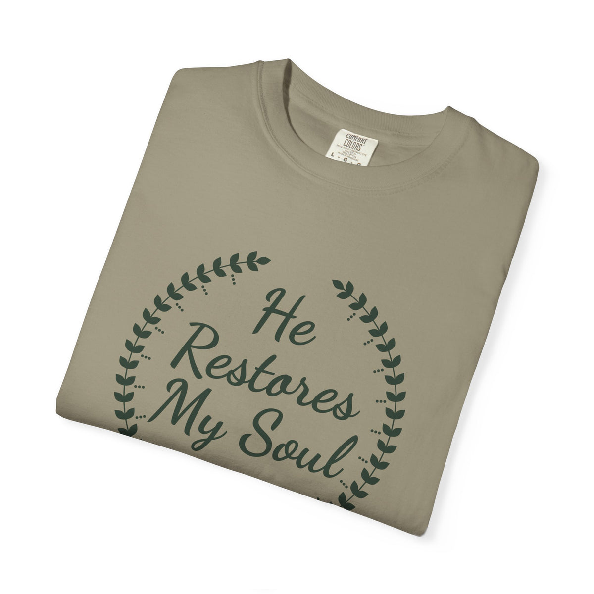 He Restores My Soul Psalm 23:3 tee in sandstone, folded mockup