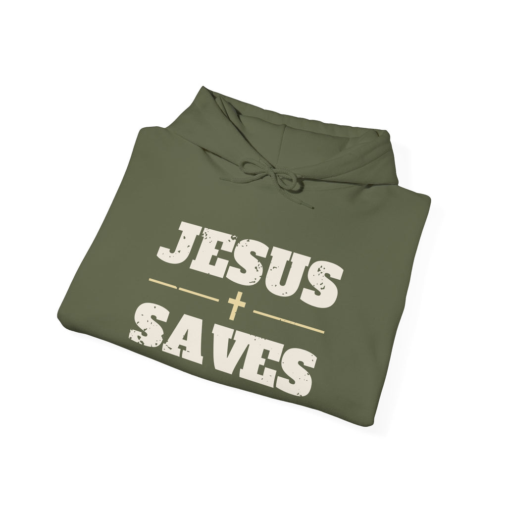Jesus Saves Christian hoodie in military green, folded mockup