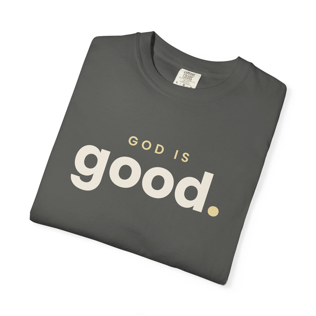 God Is Good Christian tee in pepper, folded mockup