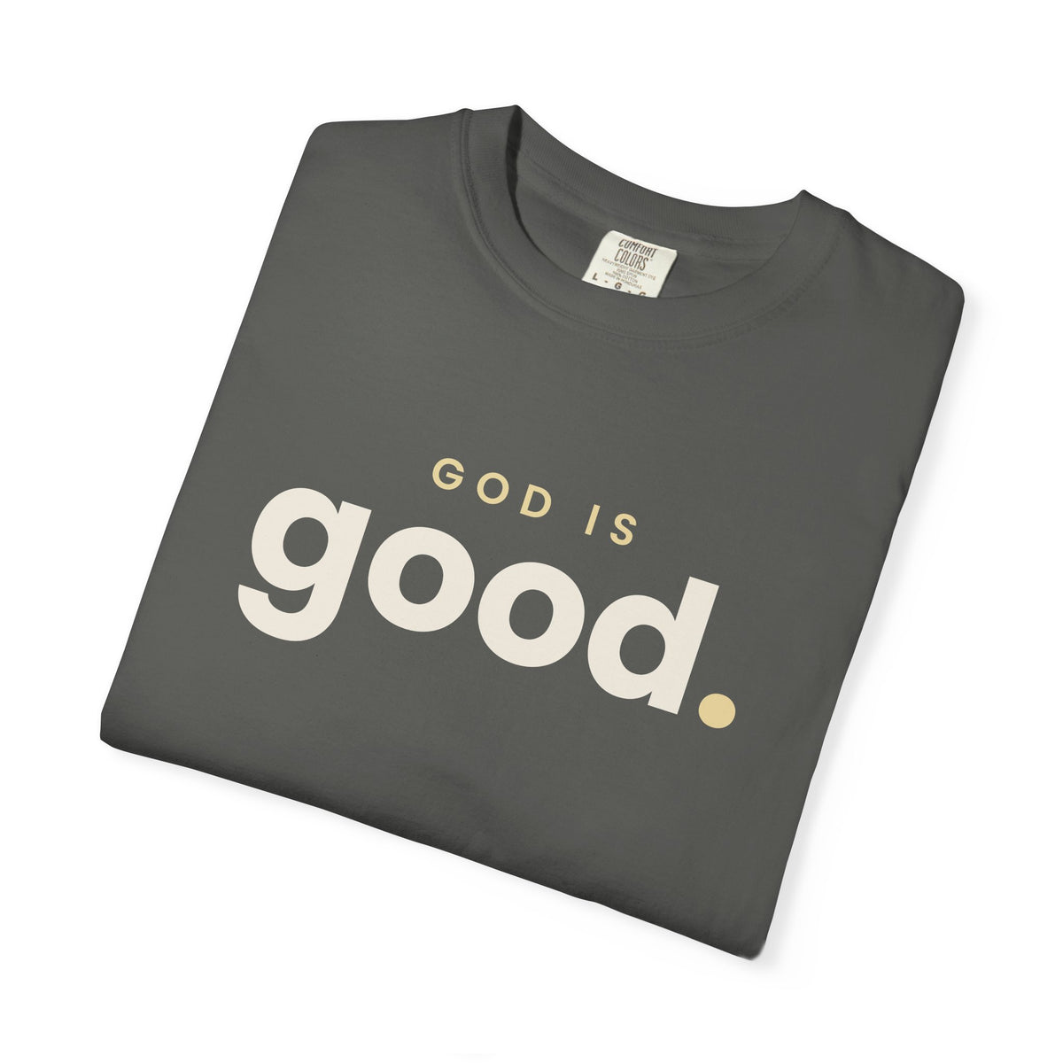 God Is Good Christian tee in pepper, folded mockup
