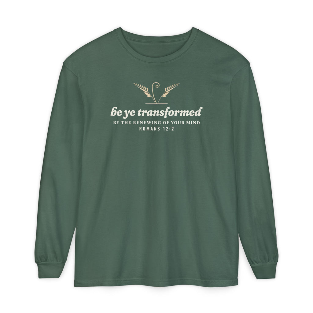 Be Transformed Romans 12:2 long sleeve tee in Blue Spruce, front mockup
