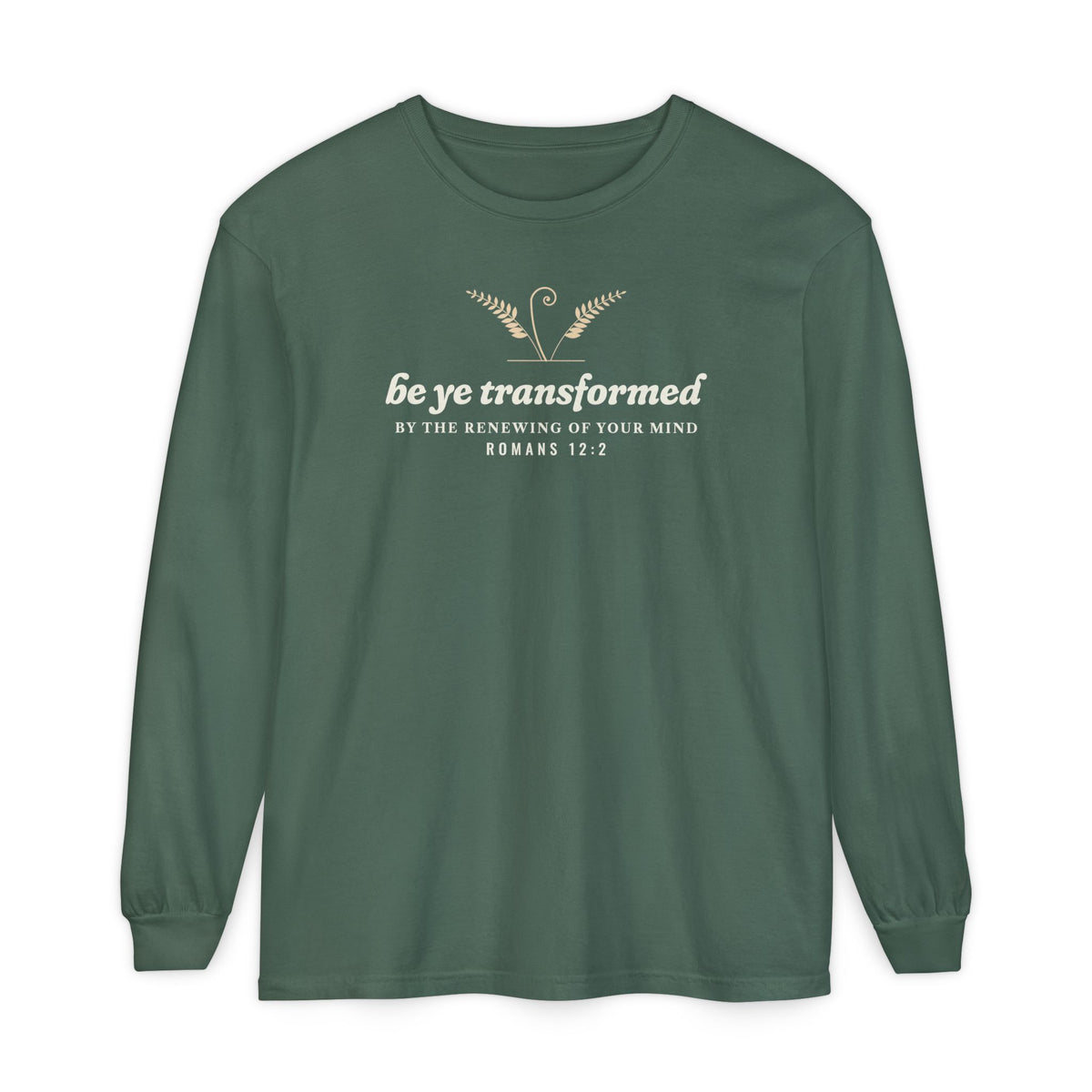 Be Transformed Romans 12:2 long sleeve tee in Blue Spruce, front mockup