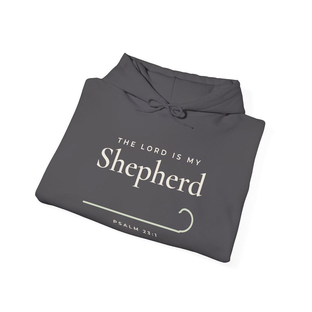 The Lord Is My Shepherd Psalm 23:1 Christian hoodie in charcoal, folded mockup