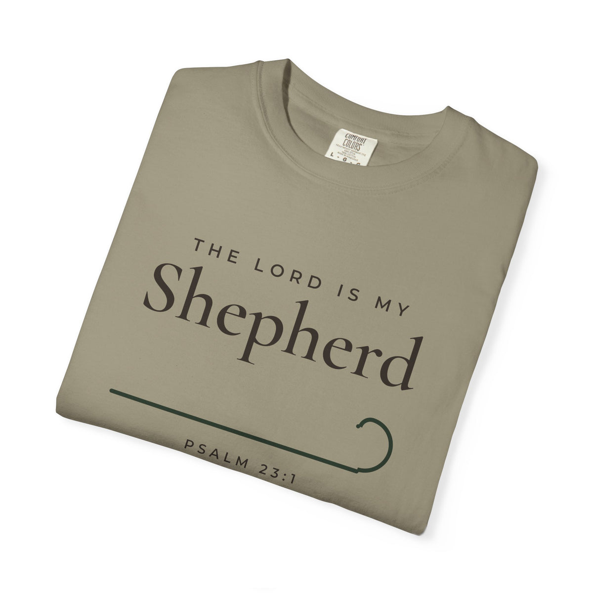 The Lord Is My Shepherd Psalm 23:1 Christian tee in sandstone, folded mockup