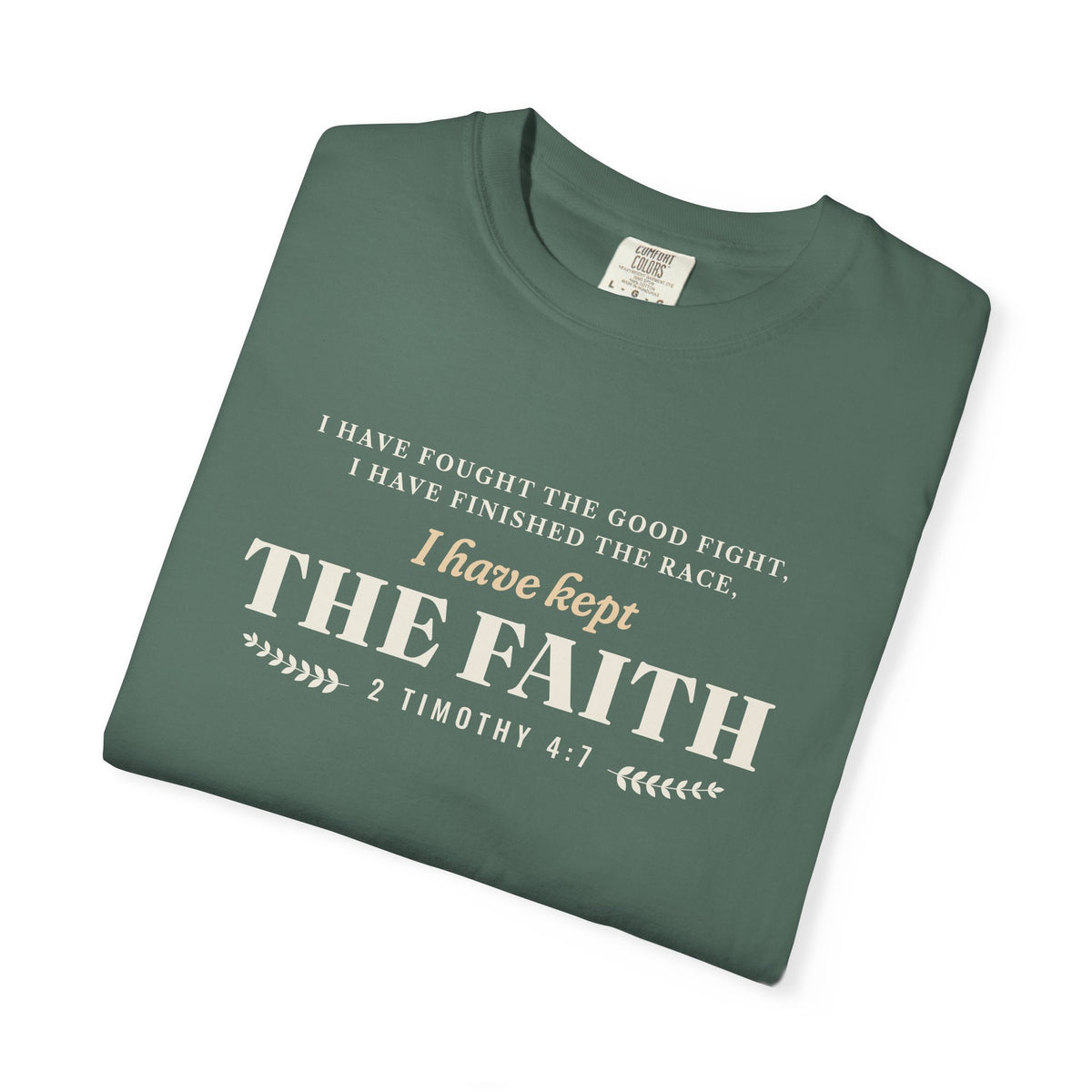 Kept the Faith 2 Timothy 4:7 tee in Blue Spruce, front, folded