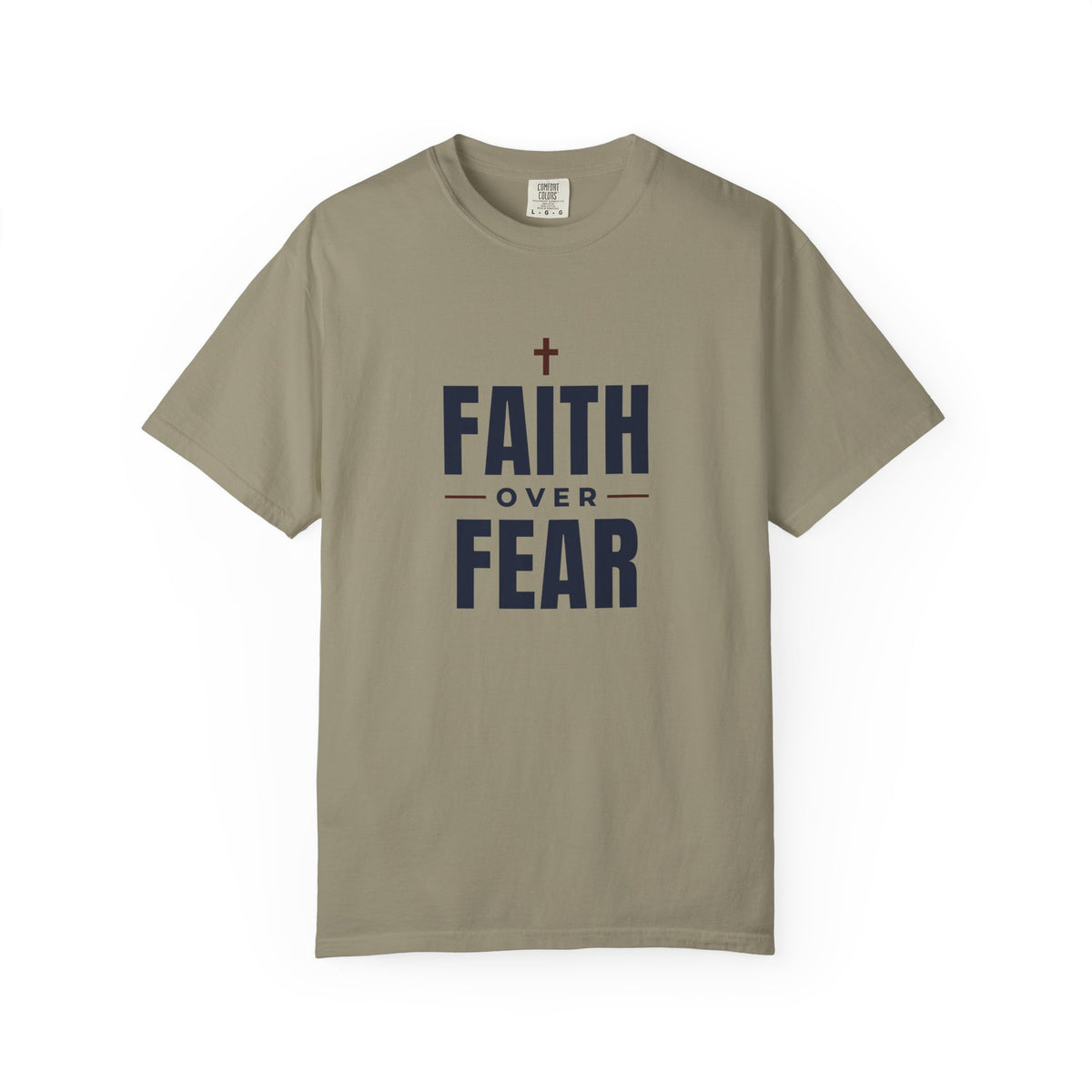 Faith Over Fear Christian tee in sandstone, front mockup