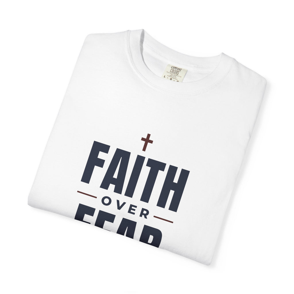 Faith Over Fear Christian tee in white, folded mockup