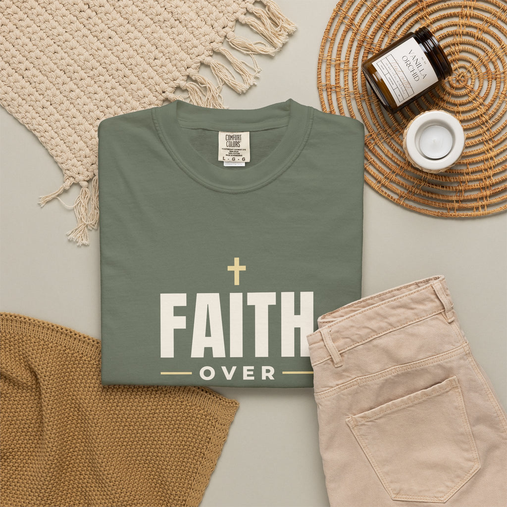 Faith Over Fear Christian tee in moss, folded flat lay