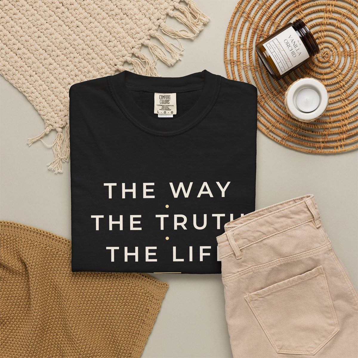 The Way The Truth The Life John 14:6 Christian tee in black, folded flat lay