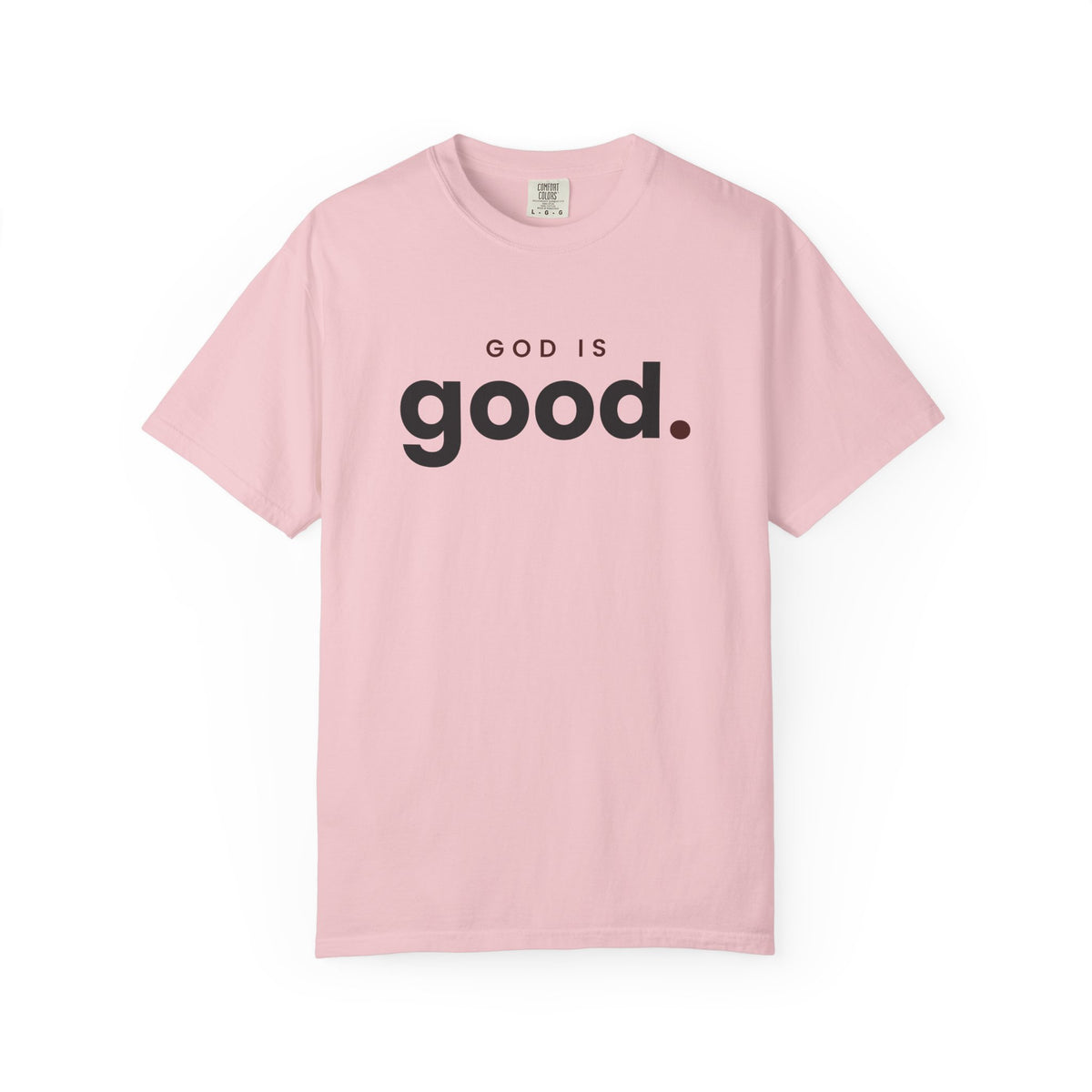 God Is Good Christian tee in blossom, front mockup
