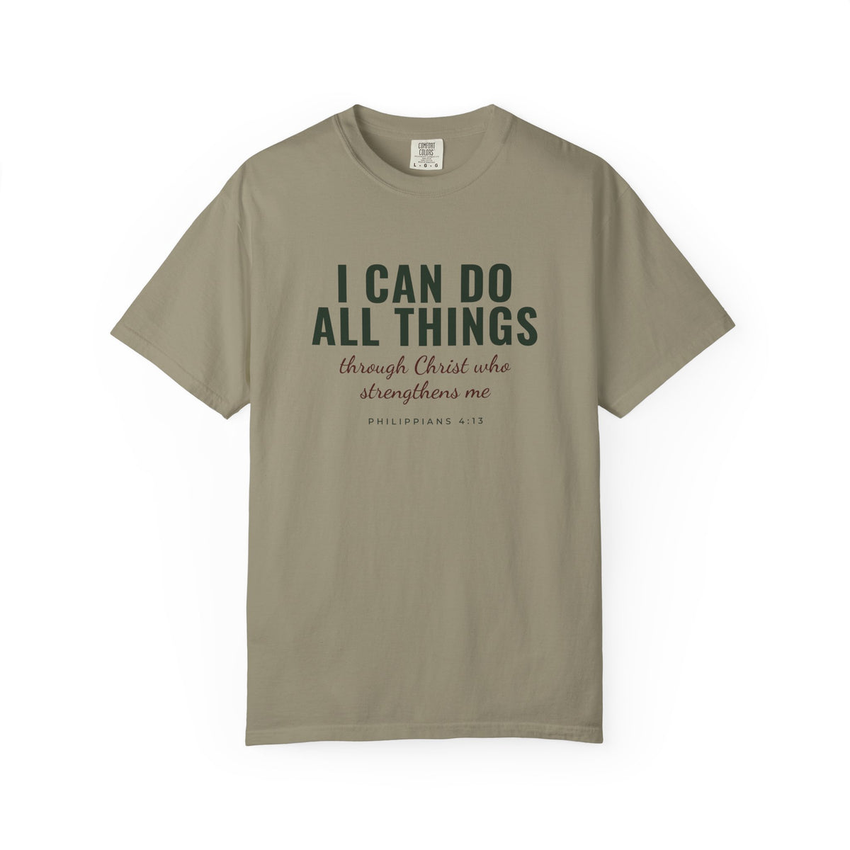 I Can Do All Things Philippians 4:13 Christian tee in sandstone, front mockup