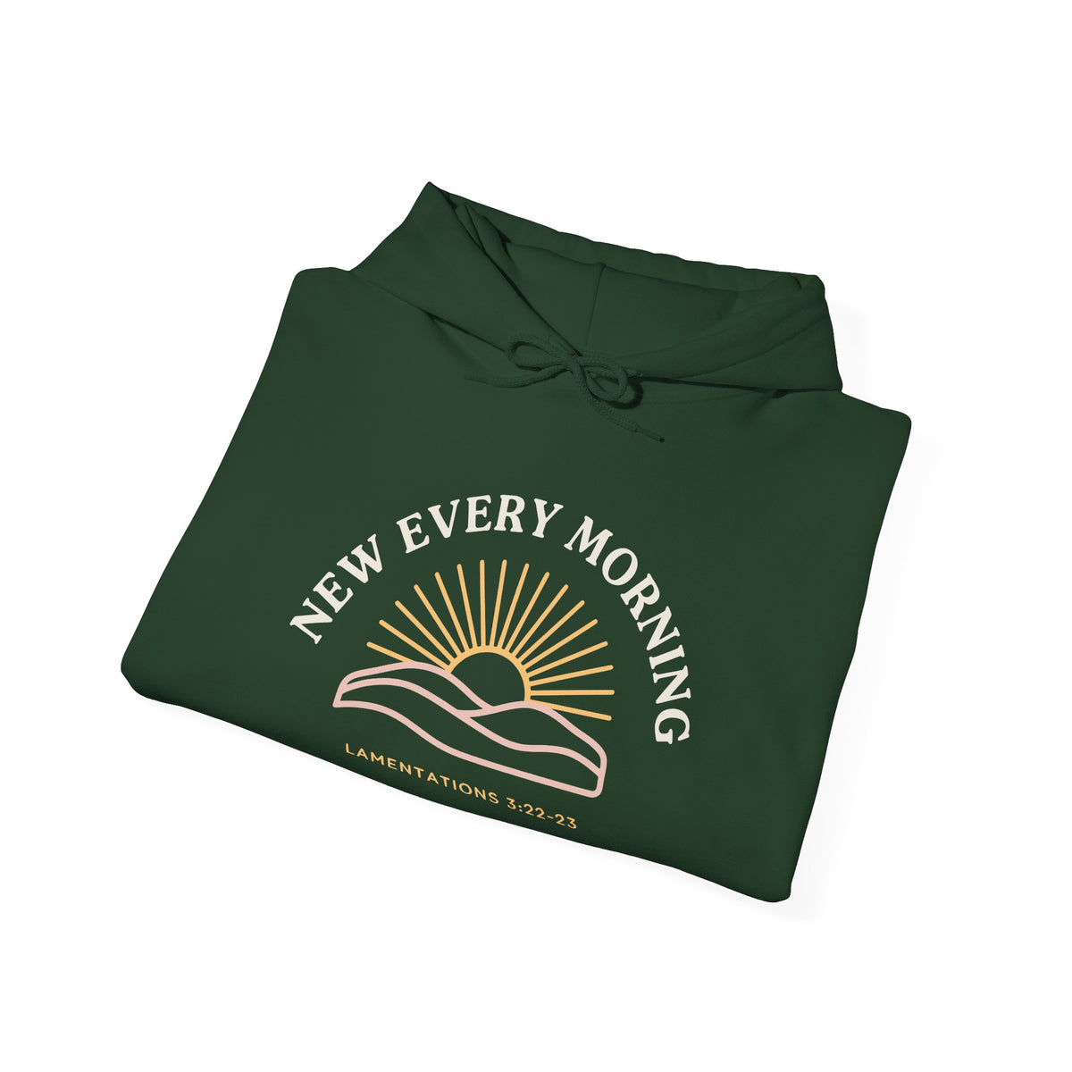 New Every Morning Lamentations 3:22-23 hoodie in forest green, folded mockup