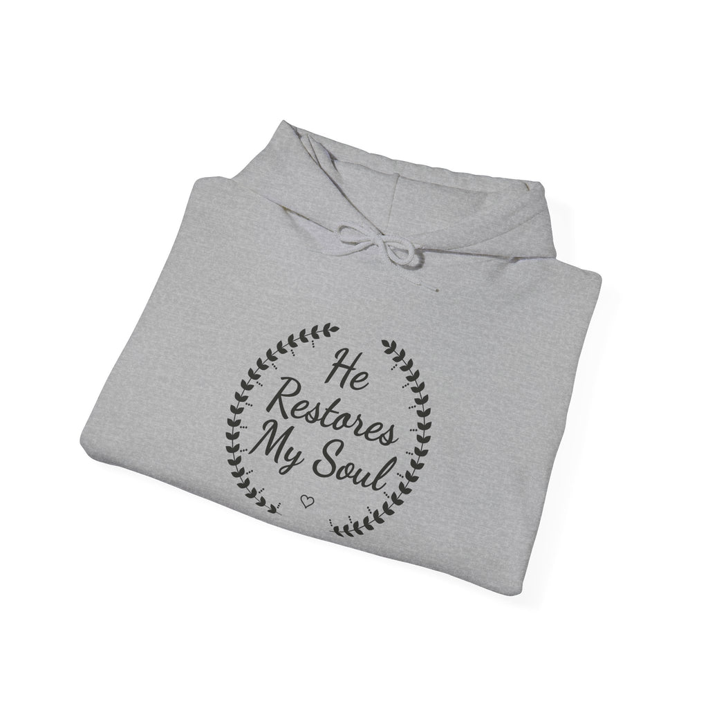 He Restores My Soul Psalm 23:3 hoodie in sport grey, folded mockup