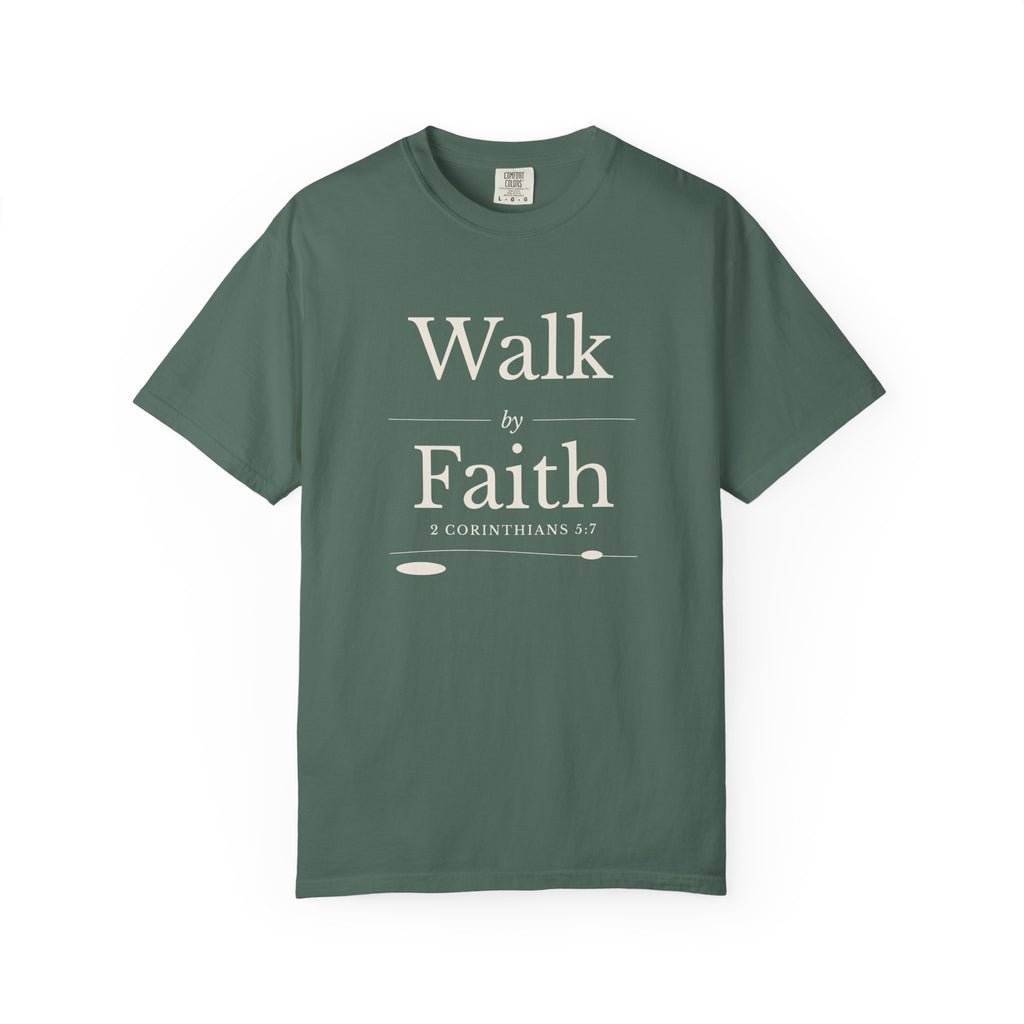 Walk by Faith 2 Corinthians 5:7 tee in blue spruce, front mockup