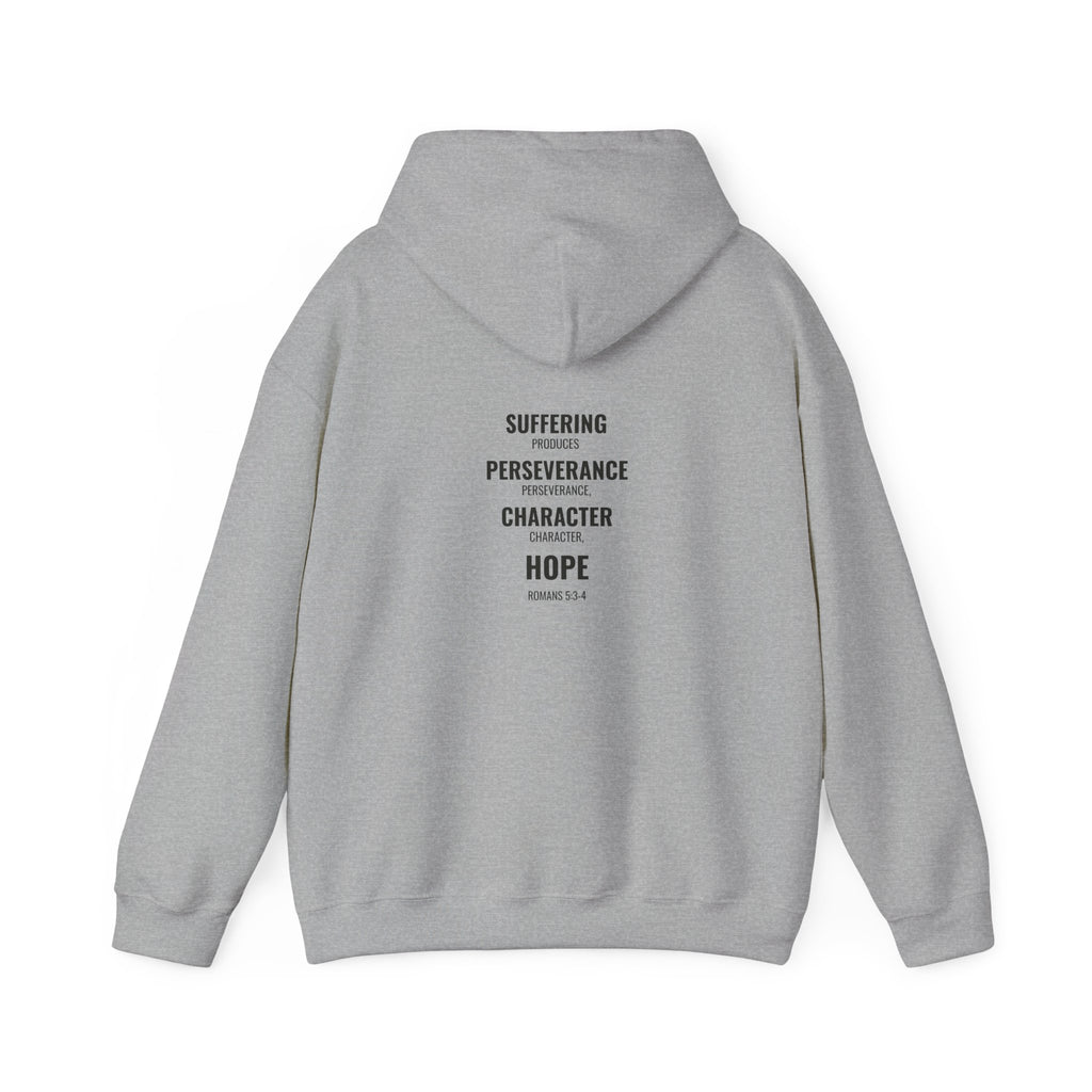 Suffering Produces Hope Romans 5:3-4 hoodie in sport grey, back (Romans 5:3-4 back print) mockup