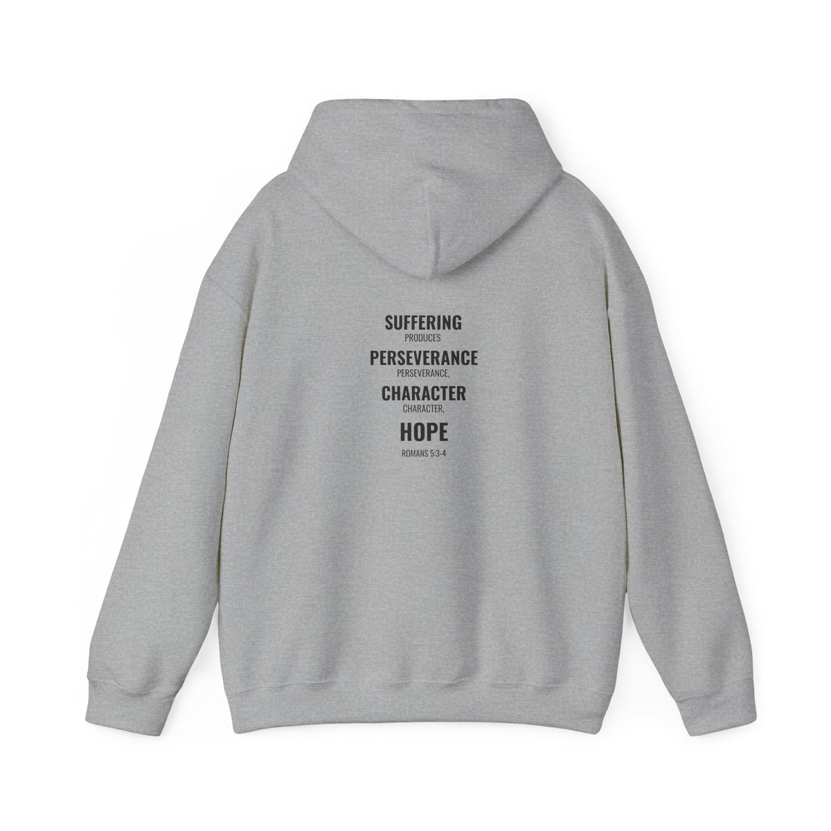Suffering Produces Hope Romans 5:3-4 hoodie in sport grey, back (Romans 5:3-4 back print) mockup