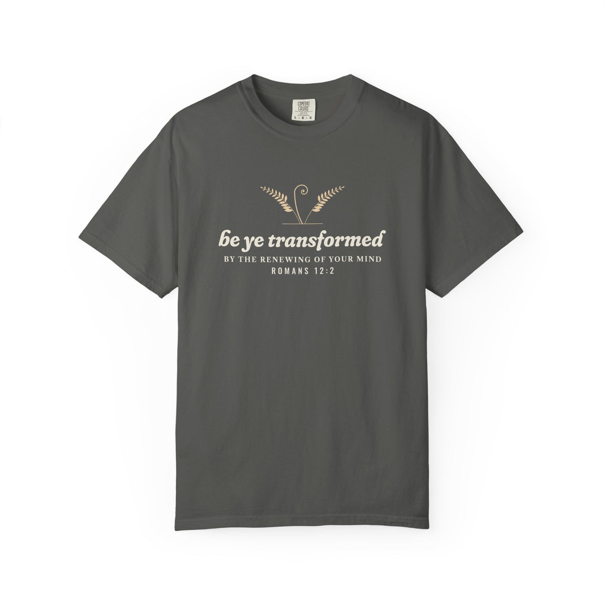 Be Transformed Romans 12:2 tee in Pepper, front mockup