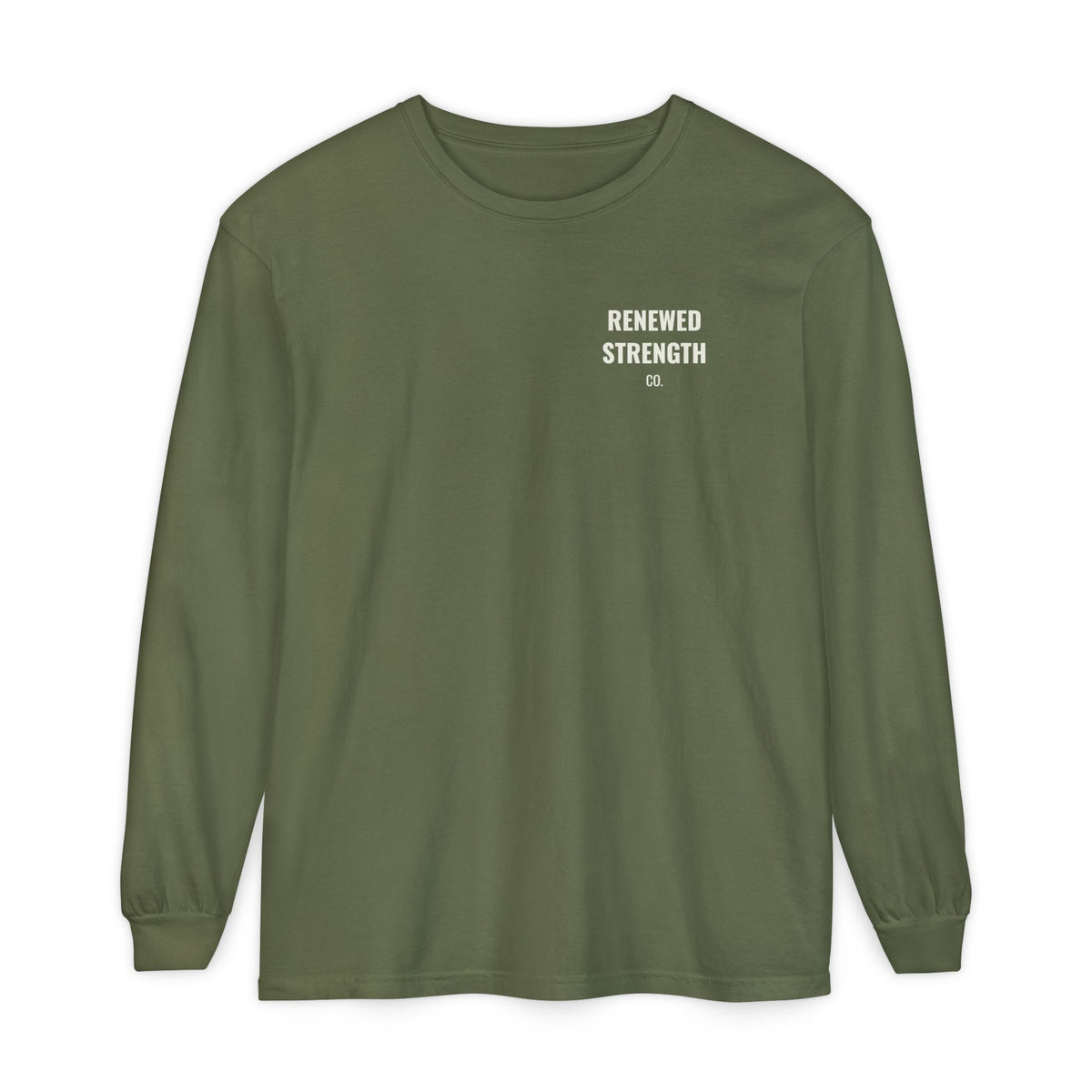Suffering Produces Hope Romans 5:3-4 long sleeve tee in hemp, front (left-chest logo) mockup