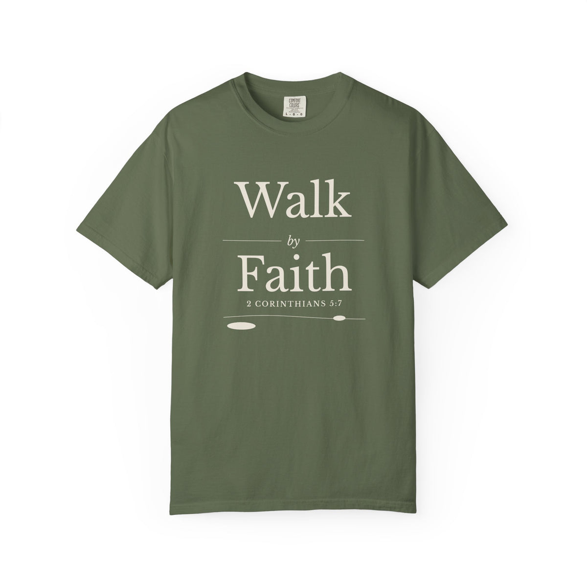 Walk by Faith 2 Corinthians 5:7 tee in sage, front mockup