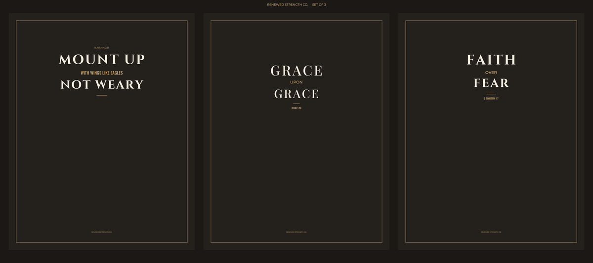 Scripture print set of 3: Mount Up, Grace Upon Grace, Faith Over Fear — larger type — Renewed Strength Co.