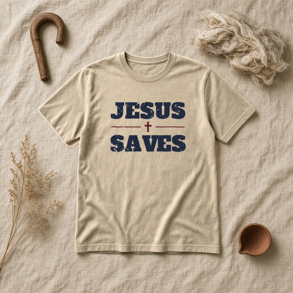 Jesus Saves Christian tee in Sandstone, flat lay